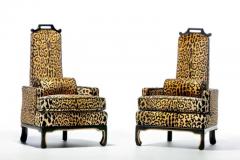 James Mont Pair of 1960s Hollywood Regency Chairs in Leopard Velvet Black Leather Piping - 3897862