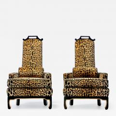 James Mont Pair of 1960s Hollywood Regency Chairs in Leopard Velvet Black Leather Piping - 3900551