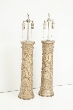 James Mont Pair of Carved Wooden Lamps by James Mont  - 956323