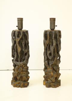 James Mont Pair of James Mont Carved Wooden Lamps - 1041581