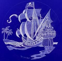 Jamie Wyeth Pirate Ship Skull and Crossbones Seven Seas Illustration in White and Blue - 3057776