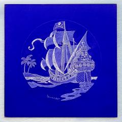 Jamie Wyeth Pirate Ship Skull and Crossbones Seven Seas Illustration in White and Blue - 3057777