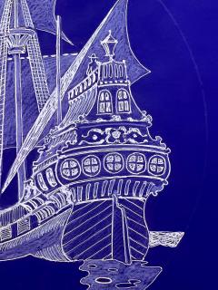 Jamie Wyeth Pirate Ship Skull and Crossbones Seven Seas Illustration in White and Blue - 3057779