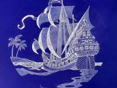 Jamie Wyeth Pirate Ship Skull and Crossbones Seven Seas Illustration in White and Blue - 3057782