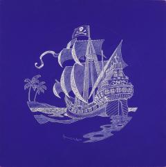 Jamie Wyeth Pirate Ship Skull and Crossbones Seven Seas Illustration in White and Blue - 3057786