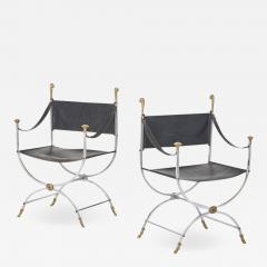 Jansen Curule Pair of polished steel and brass Jansen Curule chairs - 776223