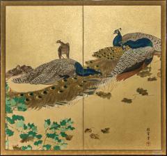 Japaese Two Panel Screen Family of Peafowl A Symbol of Family Prosperity - 1771252
