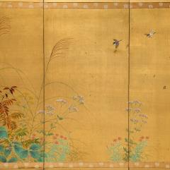 Japanese 4 Panel Gouache and Gold Leaf Painted Screen - 2891598