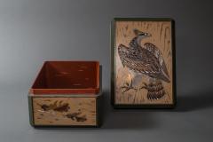Japanese Antique Lacquer Document Box with Elaborate Hawk and Faux Oak Grain - 1981562
