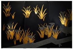 Japanese Black Lacquer Screen Korin Subject of Footbridge Over Irises - 3198409