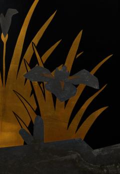Japanese Black Lacquer Screen Korin Subject of Footbridge Over Irises - 3198483