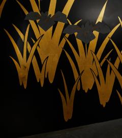 Japanese Black Lacquer Screen Korin Subject of Footbridge Over Irises - 3198490