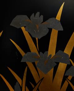 Japanese Black Lacquer Screen Korin Subject of Footbridge Over Irises - 3198504