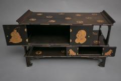 Japanese Black Lacquer Tana tiered tea cabinet with Gold Crest Design - 717219