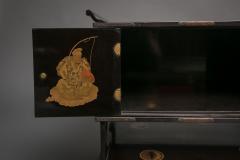 Japanese Black Lacquer Tana tiered tea cabinet with Gold Crest Design - 717237