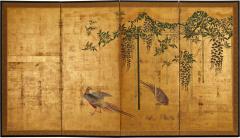 Japanese Four Panel Screen A Family of Golden Pheasants Under Wisteria - 4442841