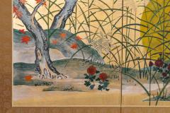 Japanese Four Panel Screen Autumn Flowers and Moon on Gold - 3443183