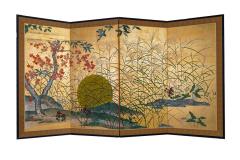 Japanese Four Panel Screen Autumn Flowers and Moon on Gold - 3443322