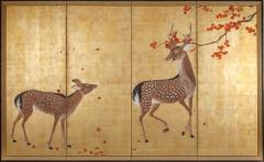 Japanese Four Panel Screen Buck and Doe with Autumn Maple on Gold - 1762383