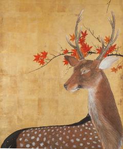 Japanese Four Panel Screen Buck and Doe with Autumn Maple on Gold - 1762422