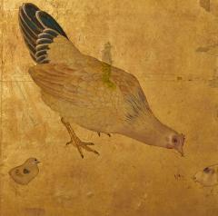 Japanese Four Panel Screen Family of Chickens - 3187220
