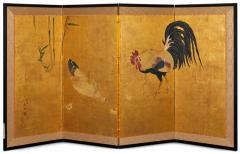 Japanese Four Panel Screen Family of Chickens - 3187236