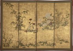 Japanese Four Panel Screen Garden Landscape with Poppies - 4358736