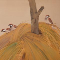 Japanese Four Panel Screen Japanese Tree Sparrows on Drying Stacks - 3164793