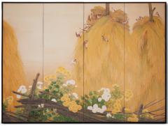 Japanese Four Panel Screen Japanese Tree Sparrows on Drying Stacks - 3164797