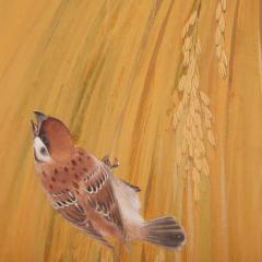 Japanese Four Panel Screen Japanese Tree Sparrows on Drying Stacks - 3164840