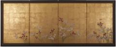 Japanese Four Panel Screen Nadeshiko on Gold Leaf - 3097512