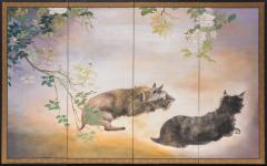 Japanese Four Panel Screen Scotties Under Roses - 3187224