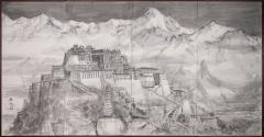 Japanese Four Panel Screen Tibetan Mountain Monastery - 3257677