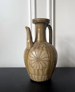 Japanese Ko Seto Stoneware Ewer with Carved Chrysanthemum Design - 2836706