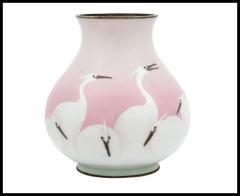 Japanese Meiji Era Wireless Cloisonne Pink Crane Enamel Vase - 3901642