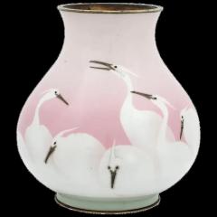 Japanese Meiji Era Wireless Cloisonne Pink Crane Enamel Vase - 3901662