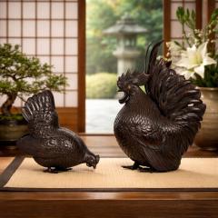 Japanese Meiji Period Pair of Bronze Sculptures Okimono of Rooster Hen - 4514047
