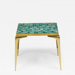 Japanese Mid Century Murano Glass Blue Tile Top Brass End Side Table - 3179024