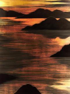 Japanese Mid Century Two Panel Lacquer Screen with Mountain Sunrise c 1950 - 4703953