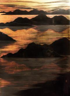 Japanese Mid Century Two Panel Lacquer Screen with Mountain Sunrise c 1950 - 4703954