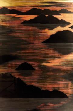 Japanese Mid Century Two Panel Lacquer Screen with Mountain Sunrise c 1950 - 4703955