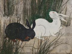 Japanese Screen 19th Century Tea ceremony Screen Rabbits Horsetail Reeds  - 3591785