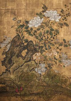 Japanese Screen Floral Garden and Rock on Gold - 335444