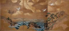Japanese Screen White Falcons Soaring Over Waves - 327653