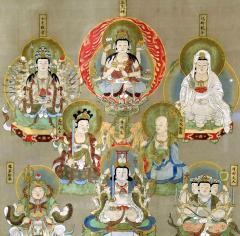 Japanese Silk Suijaku Scroll Nyorai Kojin with Mixed Buddhism and Shinto Deities - 3077139