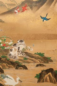 Japanese Six Panel Screen Animals and Flowers in a Landscape with Rising Sun - 1336413