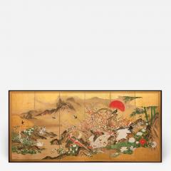 Japanese Six Panel Screen Animals and Flowers in a Landscape with Rising Sun - 1336831