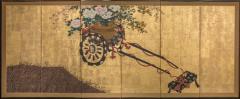 Japanese Six Panel Screen Black and Gold Lacquer Flower Festival Cart - 3119840