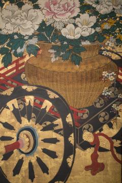 Japanese Six Panel Screen Black and Gold Lacquer Flower Festival Cart - 3119906