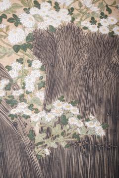 Japanese Six Panel Screen Chrysanthemums and Twig Fence with Gold Flakes - 3128471